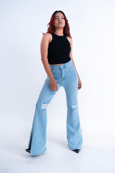 CLASSIC Ice Blue Knee Distress Side Slit Bootcut Jeans
