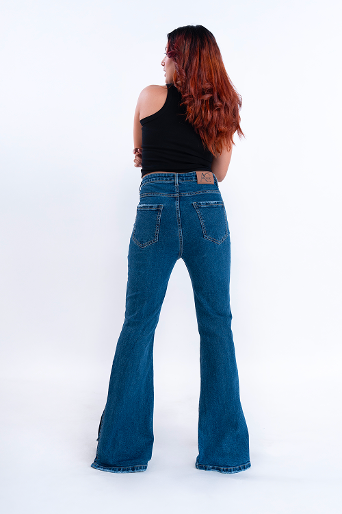 CLASSIC Oxford Blue Knee Distress Side Slit Bootcut Jeans