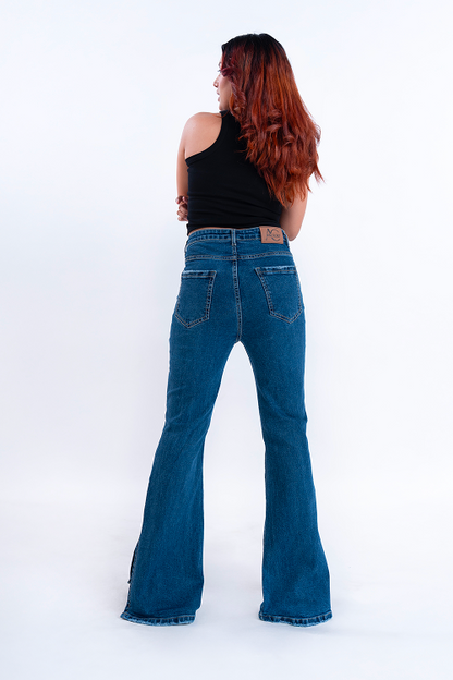 CLASSIC Oxford Blue Knee Distress Side Slit Bootcut Jeans
