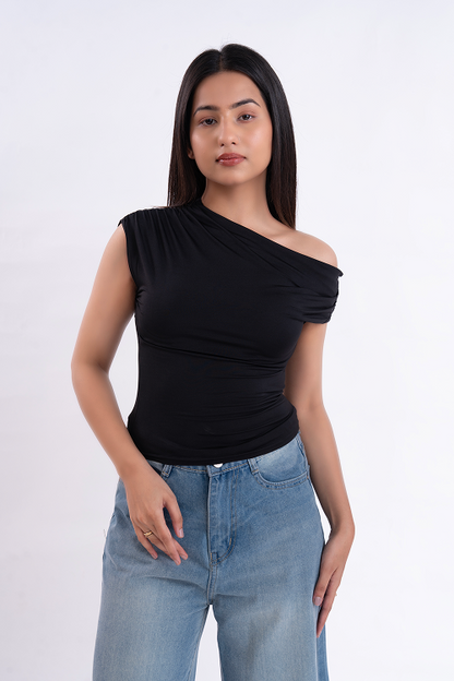 Black Asymmetrical Neck Ruched Top