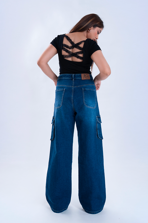 Oxford Blue Whisker Wide Leg Cargo Jeans