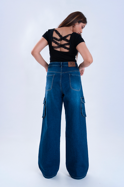 Oxford Blue Whisker Wide Leg Cargo Jeans