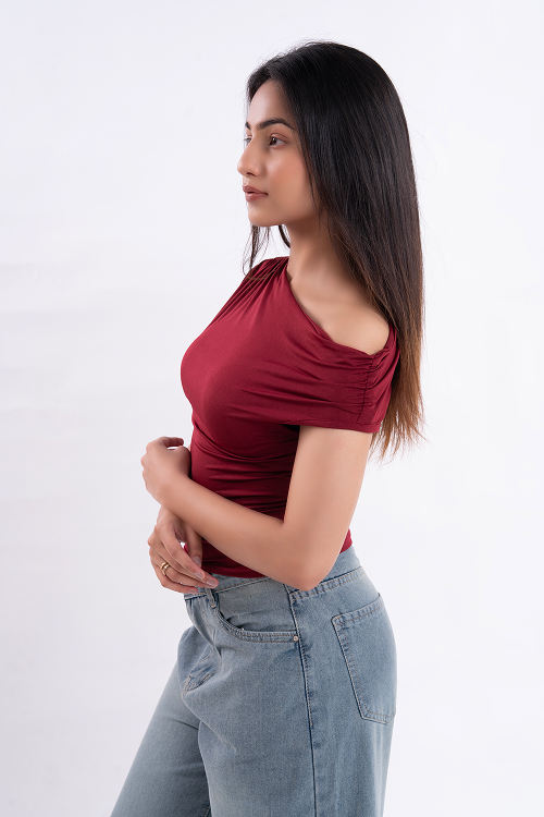 Maroon Asymmetrical Neck Ruched Top