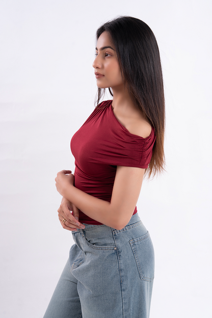 Maroon Asymmetrical Neck Ruched Top