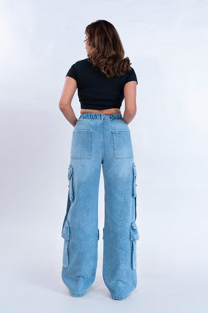 Stone Blue Street Pocket Baggy Fit HEAVY Cargo Jeans