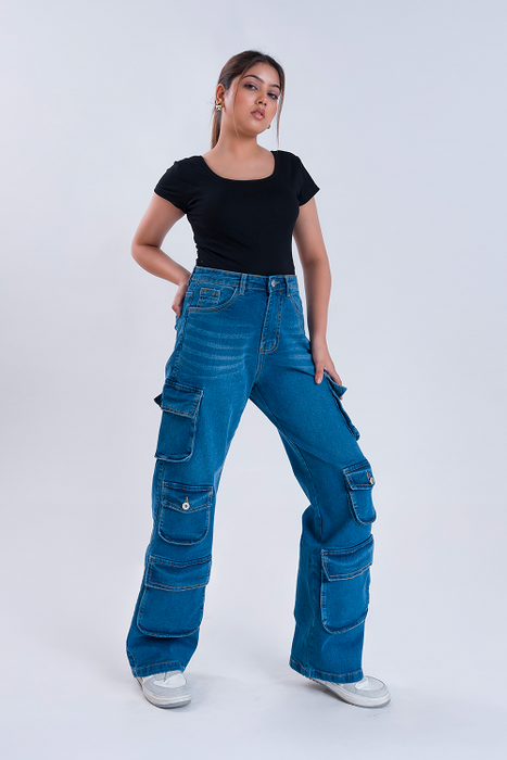 LUXURY Stone Blue Multipocket Cargo Whisker Straight Fit Jeans