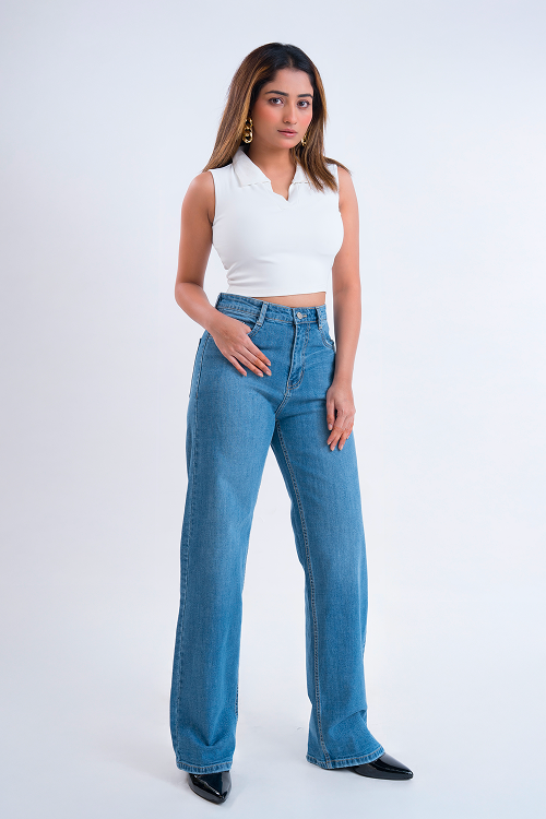 PREMIUM STRETCH Stone Blue High Waist Straight Fit Jeans