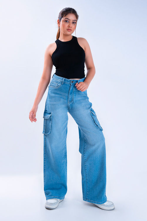 Stone Blue Whisker Wide Leg Cargo Jeans