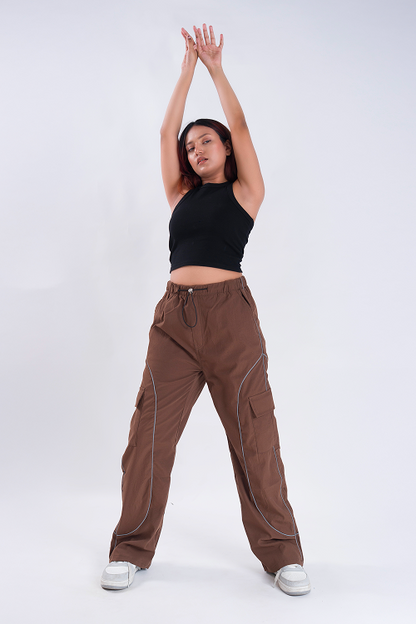 CLOUD FIT Brown String Parachute Pants