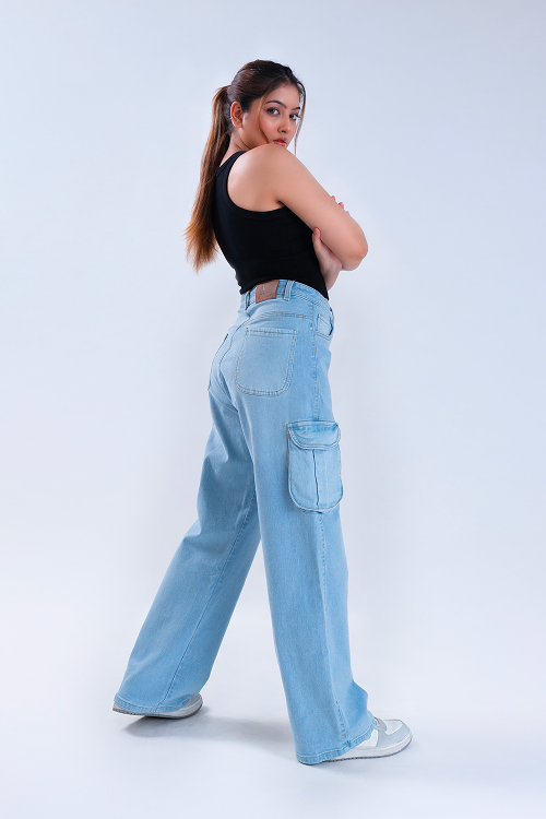 Ice Blue Whisker Wide Leg Cargo Jeans