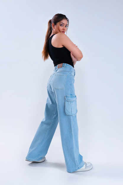 Ice Blue Whisker Wide Leg Cargo Jeans