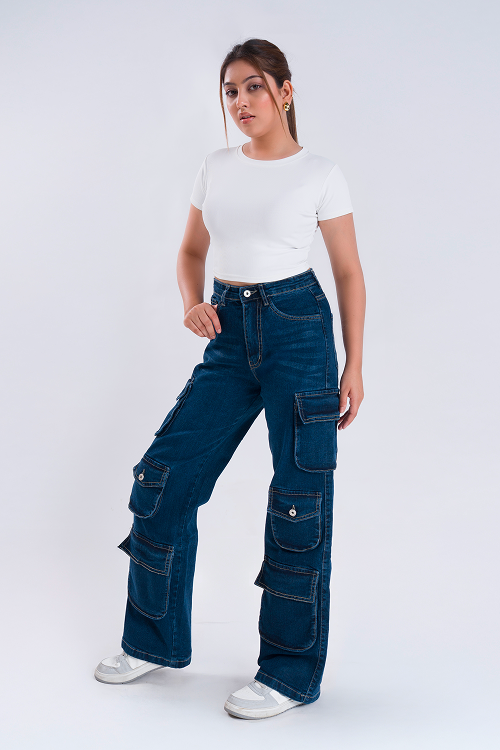 LUXURY Oxford Blue Multipocket Cargo Whisker Straight Fit Jeans