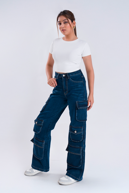 LUXURY Oxford Blue Multipocket Cargo Whisker Straight Fit Jeans