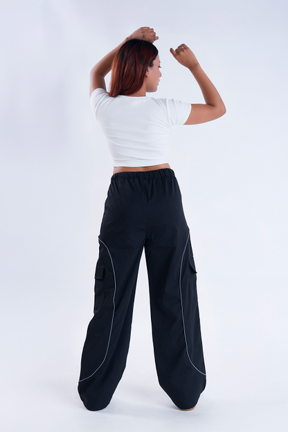 CLOUD FIT Black String Parachute Pants