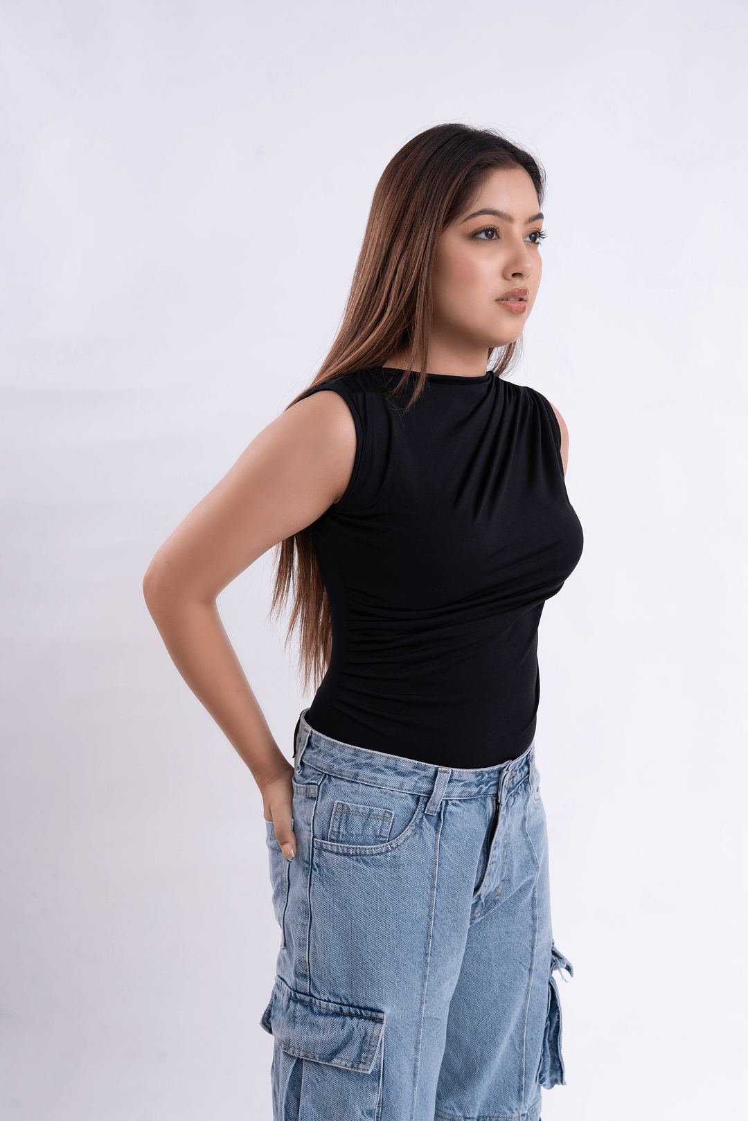 Black Gathered High Neck Top