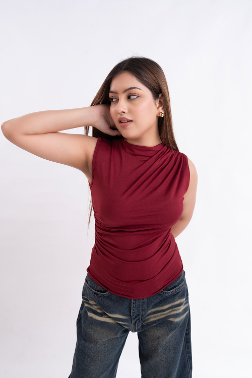 Maroon Gathered High Neck Top