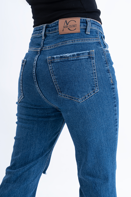 CLASSIC Oxford Blue Knee Distress Side Slit Bootcut Jeans