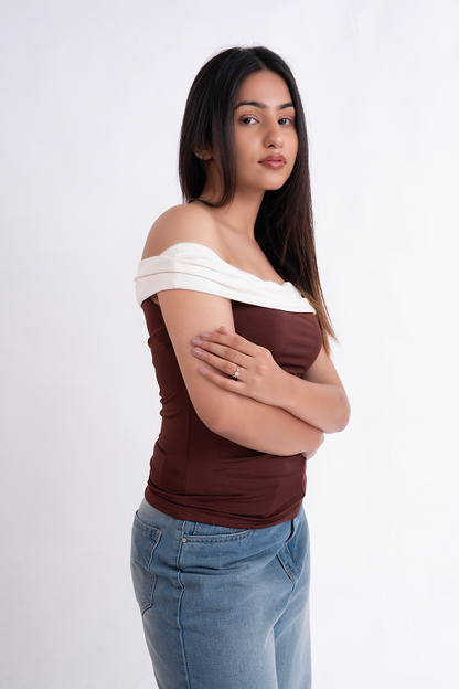 Brown And White Off Shoulder Top