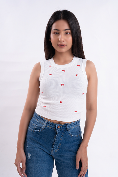 Red Bow Embroiderd Ribbed Tank Top