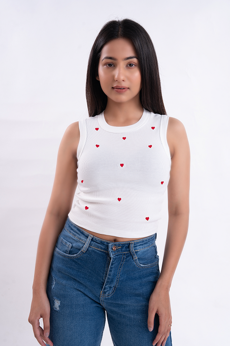 Red Heart Embroiderd Ribbed Tank Top