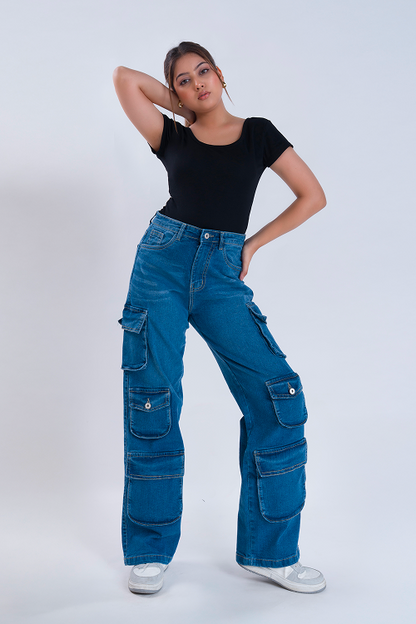 LUXURY Stone Blue Multipocket Cargo Whisker Straight Fit Jeans