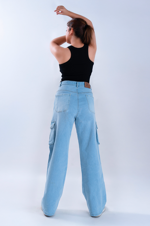 Ice Blue Whisker Wide Leg Cargo Jeans