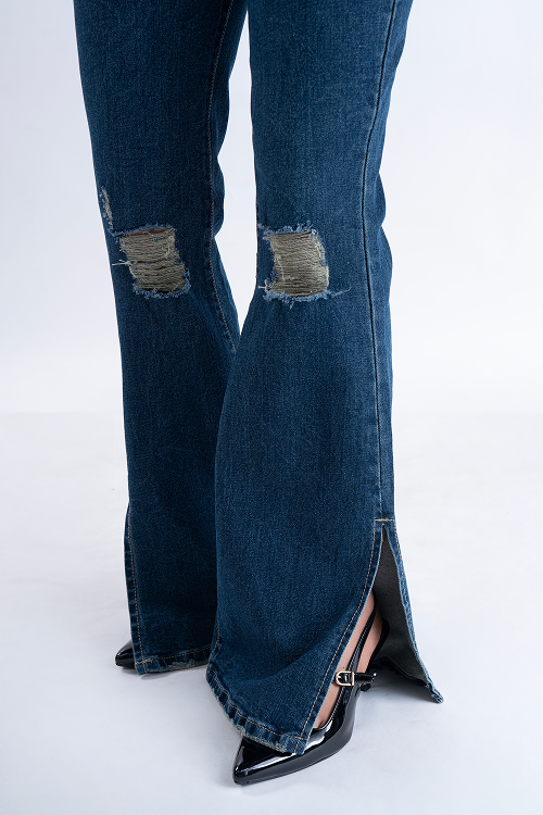 CLASSIC Vintage Blue Knee Distress Side Slit Bootcut Jeans