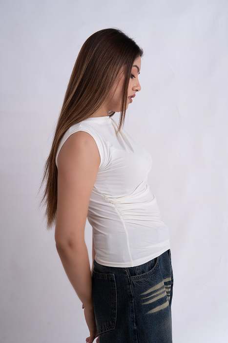 White Gathered High Neck Top