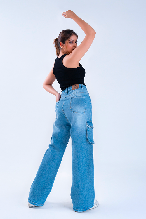 Stone Blue Whisker Wide Leg Cargo Jeans