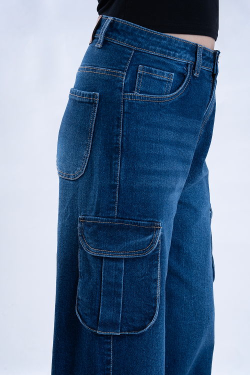Oxford Blue Whisker Wide Leg Cargo Jeans