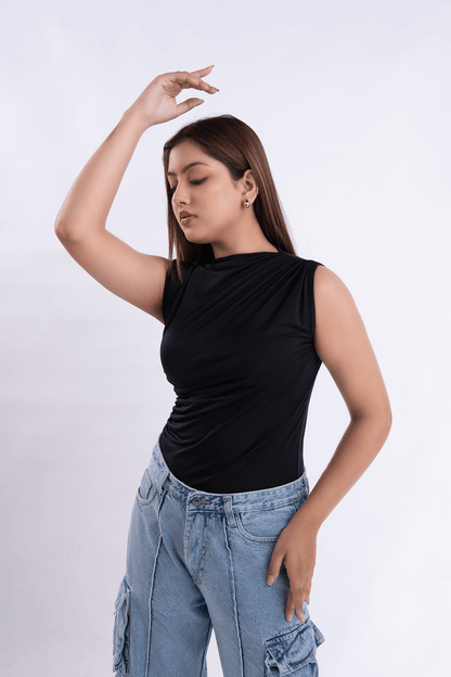 Black Gathered High Neck Top