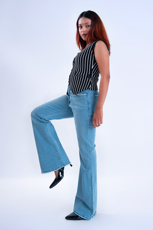 FLARED Semi Raw-Hem Ice Blue Whisker Bootcut Jeans