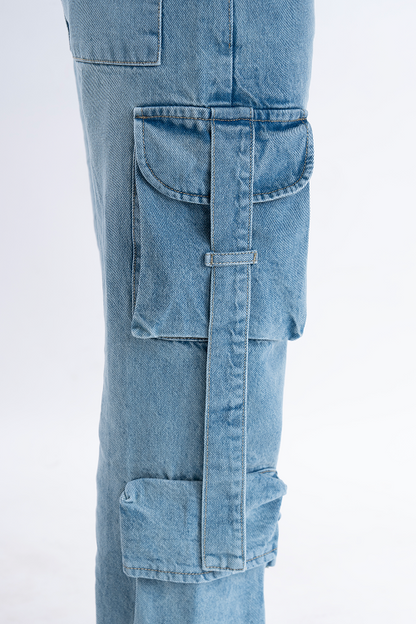 Faded Ice Blue Street Pocket Baggy Fit HEAVY Cargo Jeans