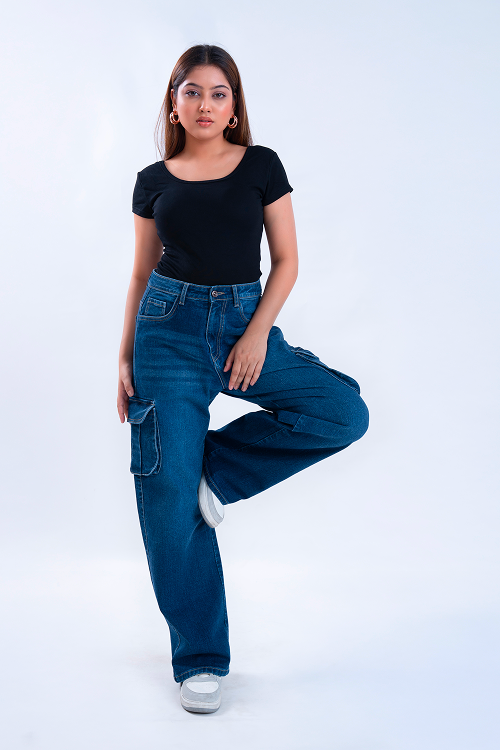 Oxford Blue Whisker Wide Leg Cargo Jeans