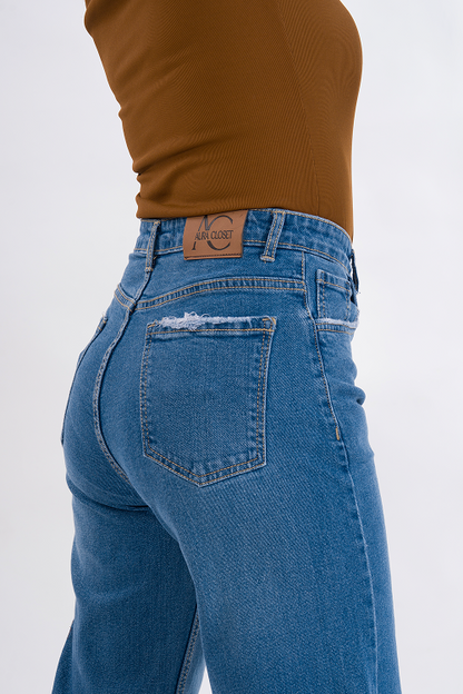 PREMIUM Stretchable Semi Raw-Hem Stone Blue Whisker Straight Fit Jeans