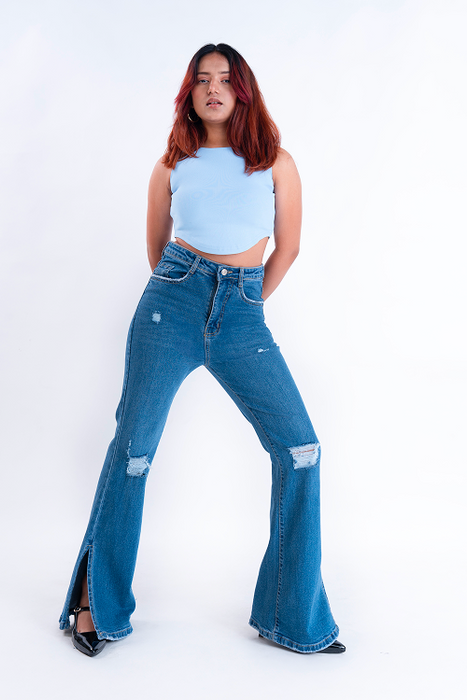 CLASSIC Stone Blue Knee Distress Side Slit Bootcut Jeans