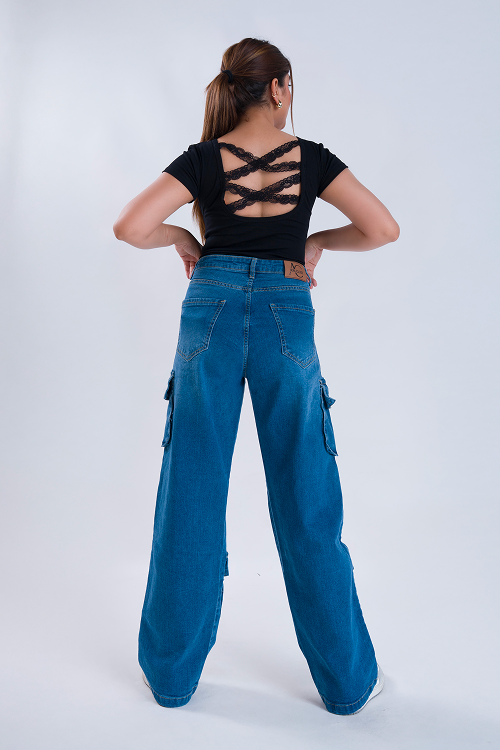 LUXURY Stone Blue Multipocket Cargo Whisker Straight Fit Jeans