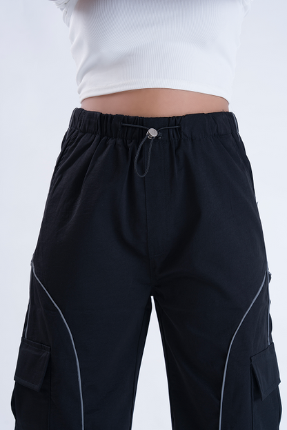 CLOUD FIT Black String Parachute Pants