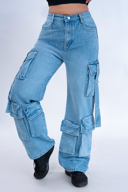 Stone Blue Street Pocket Baggy Fit HEAVY Cargo Jeans