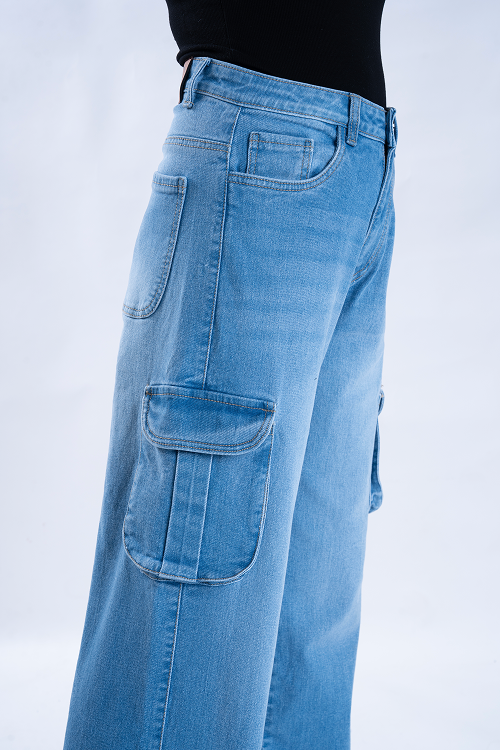 Stone Blue Whisker Wide Leg Cargo Jeans