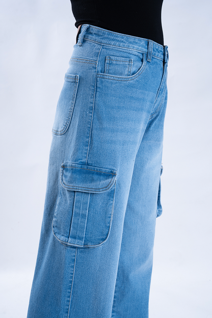 Stone Blue Whisker Wide Leg Cargo Jeans