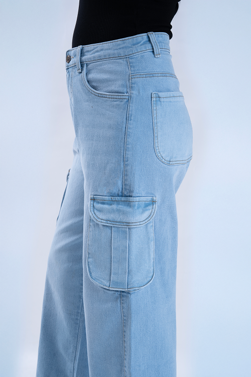 Ice Blue Whisker Wide Leg Cargo Jeans
