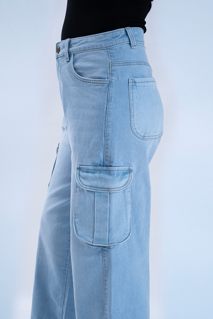Ice Blue Whisker Wide Leg Cargo Jeans
