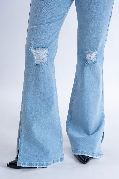 CLASSIC Ice Blue Knee Distress Side Slit Bootcut Jeans