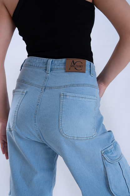 Ice Blue Whisker Wide Leg Cargo Jeans