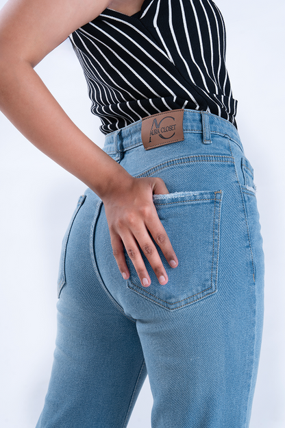 FLARED Semi Raw-Hem Ice Blue Whisker Bootcut Jeans