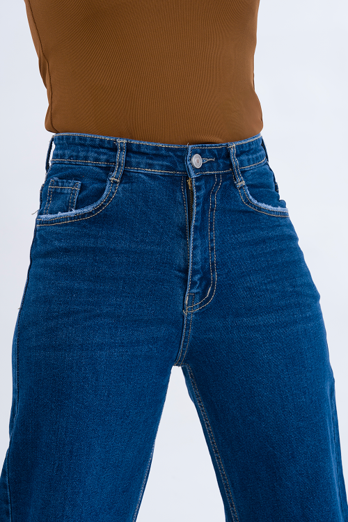 PREMIUM Stretchable Semi Raw-Hem Deep Blue Whisker Straight Fit Jeans