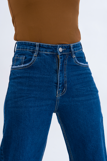 PREMIUM Stretchable Semi Raw-Hem Deep Blue Whisker Straight Fit Jeans