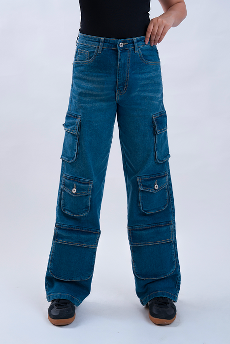 LUXURY Vintage Blue Multipocket Cargo Whisker Straight Fit Jeans