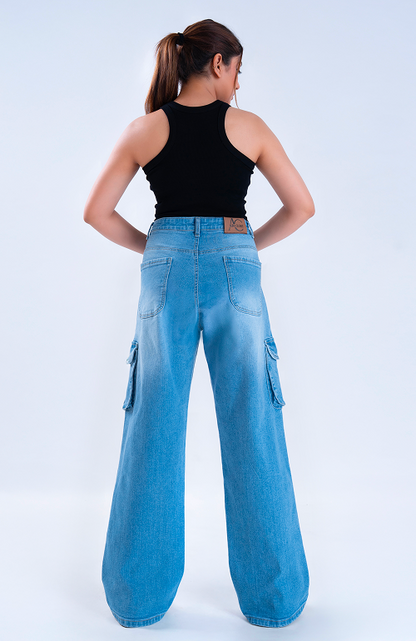 Stone Blue Whisker Wide Leg Cargo Jeans